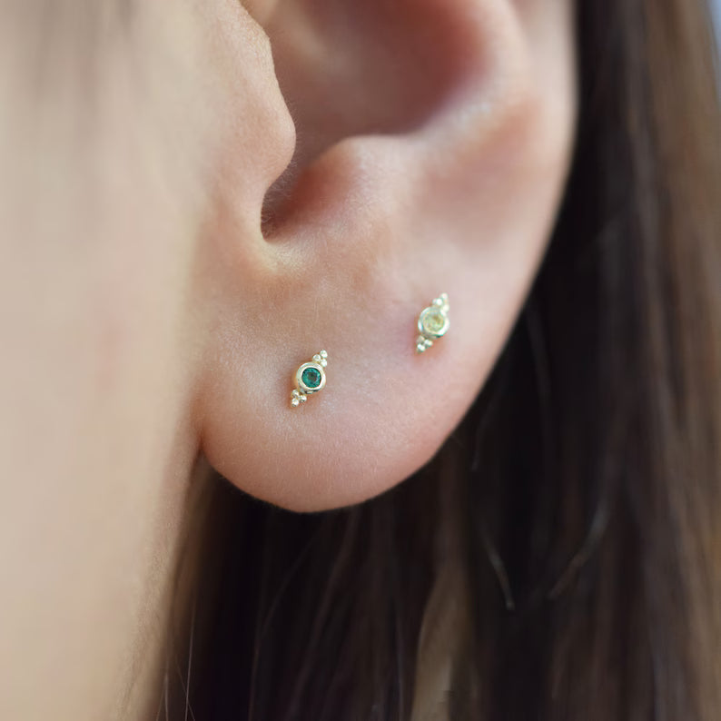 14K Solid Gold Three Bead Helix Stud