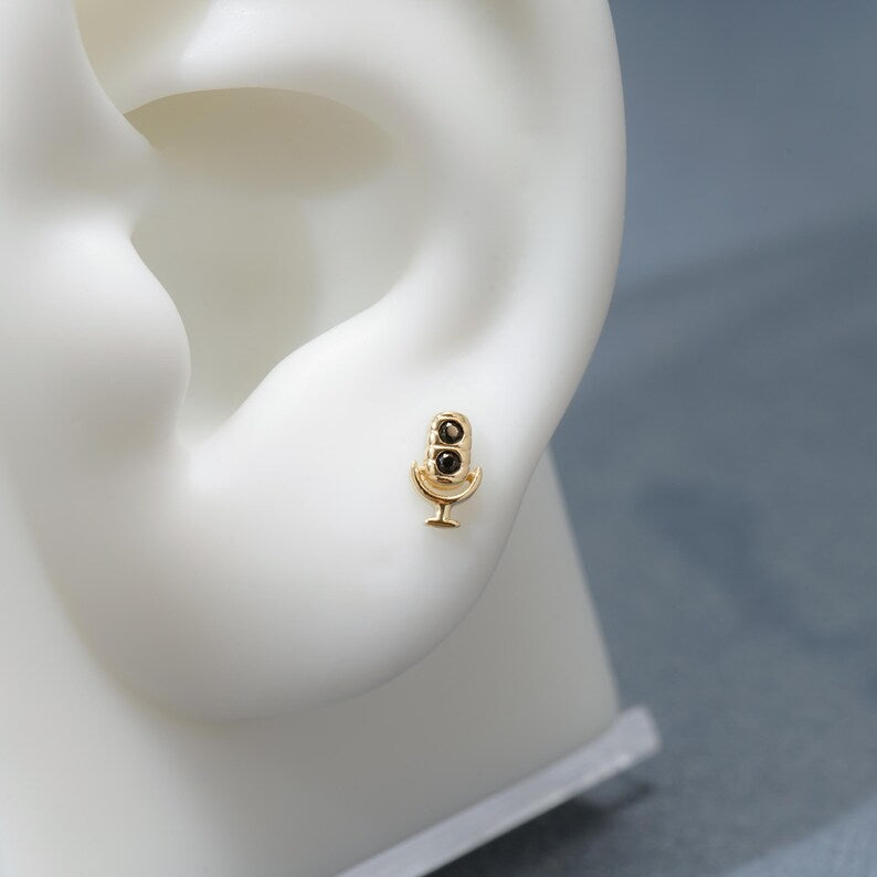 14K Gold Tiny Microphone Flat Back Earring