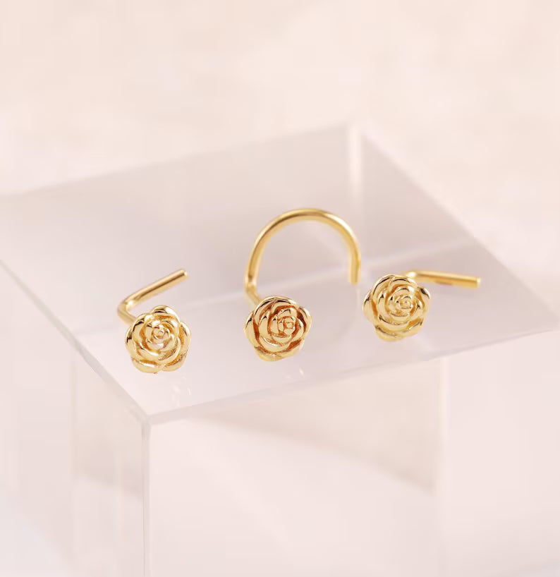 14K Solid Gold Flower Nose Stud L Shape S Shape 20g