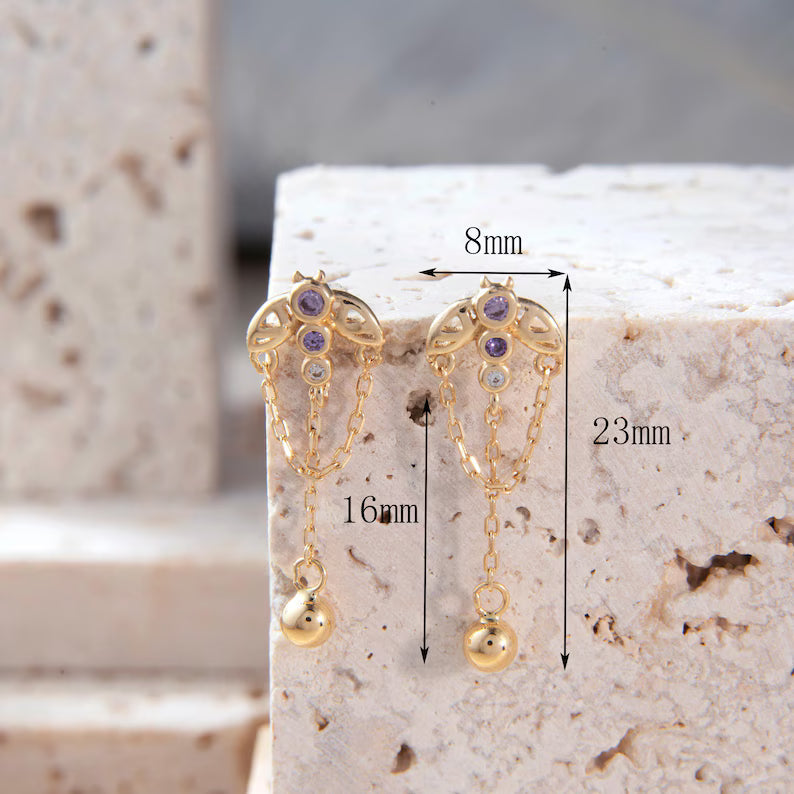 14K Gold Butterfly Chain Stud Earring