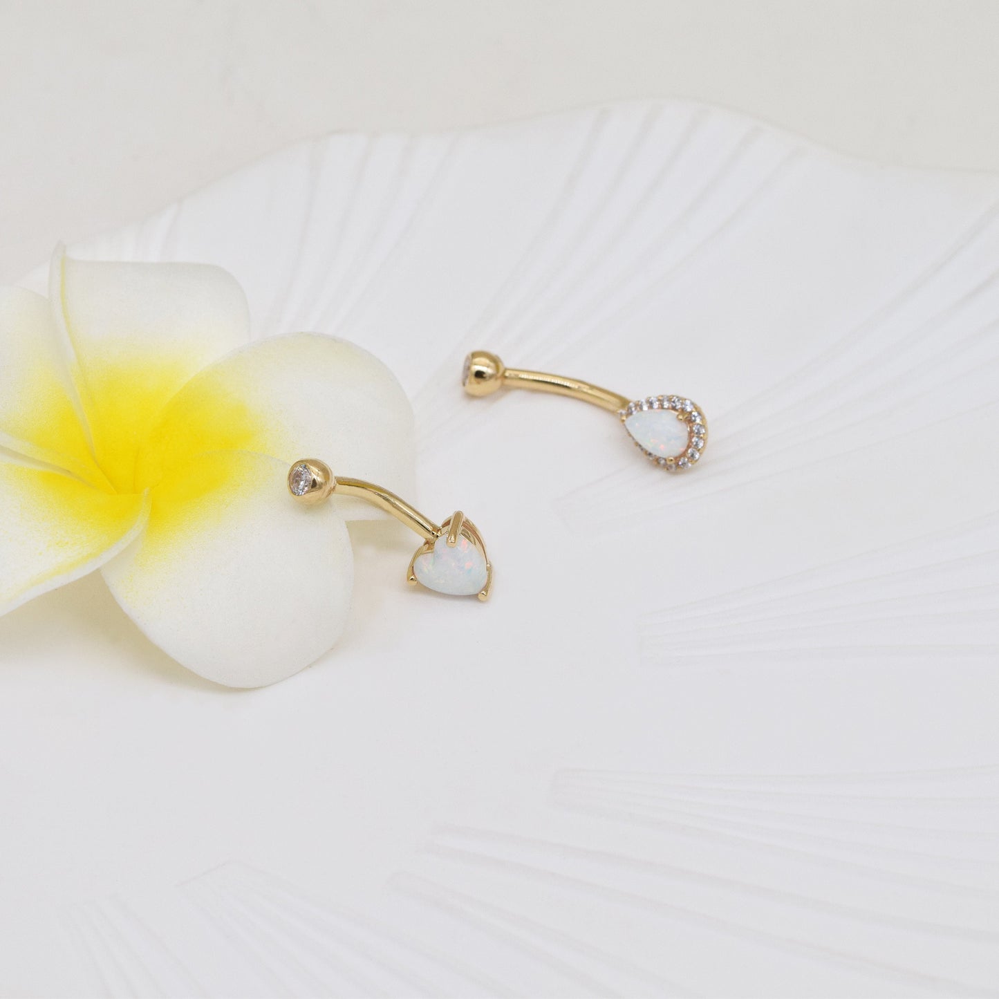 14K Solid Gold Heart Opal Belly Ring Pear Shape Navel Piercing 14g