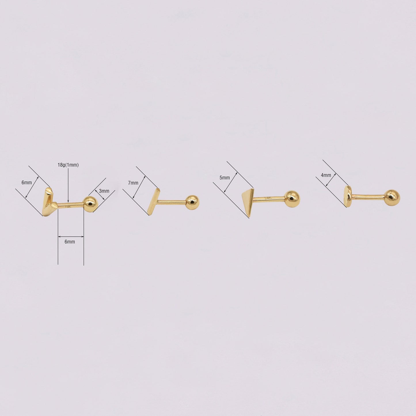 14K Solid Gold Geometric Stud Earrings V Shape Triangle Circle Dot 18g