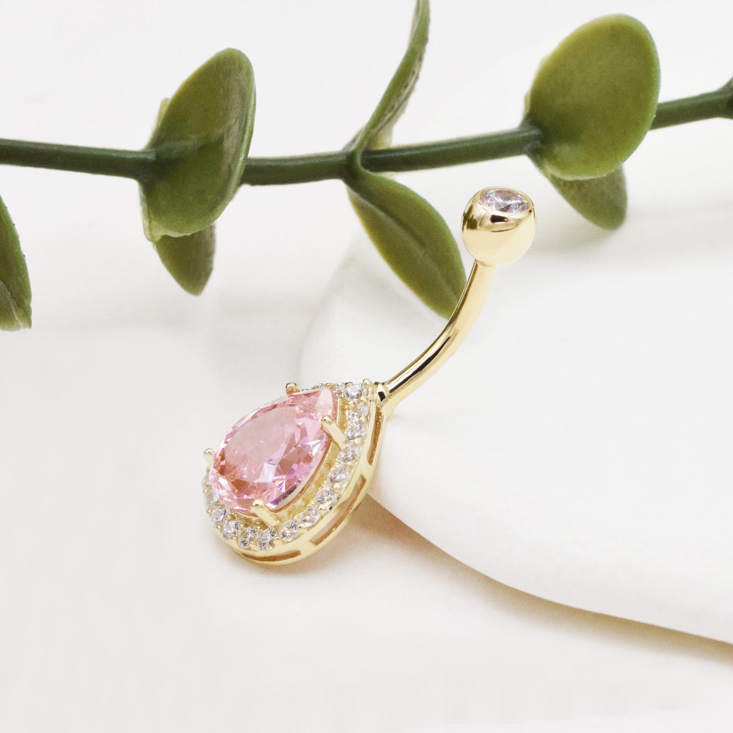 14K Solid Gold Pink Teardrop Belly Ring 14G