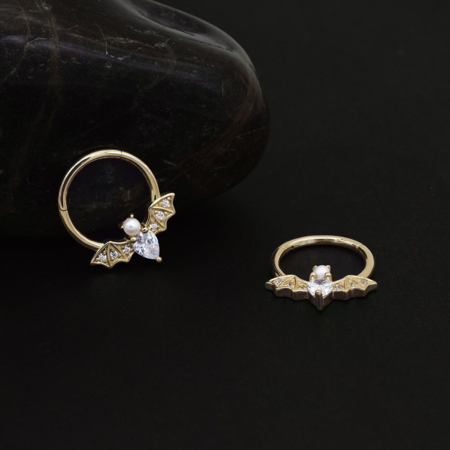 14K Solid Gold Bat Septum Ring 16g Pearl Nose Daith Conch Helix Earrings