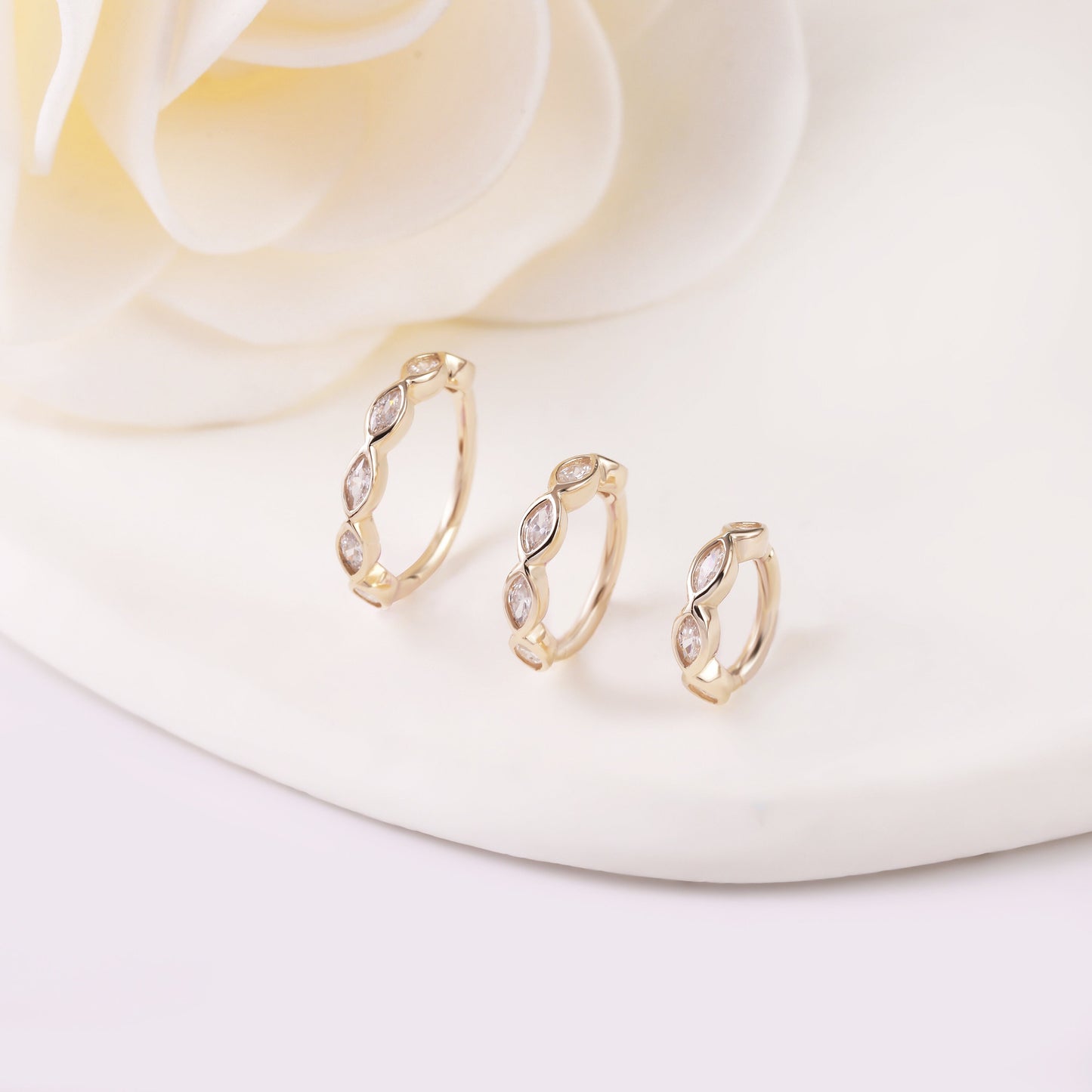 14K Solid Gold Marquise Clicker Helix Daith Rook Nose Hoop 16g