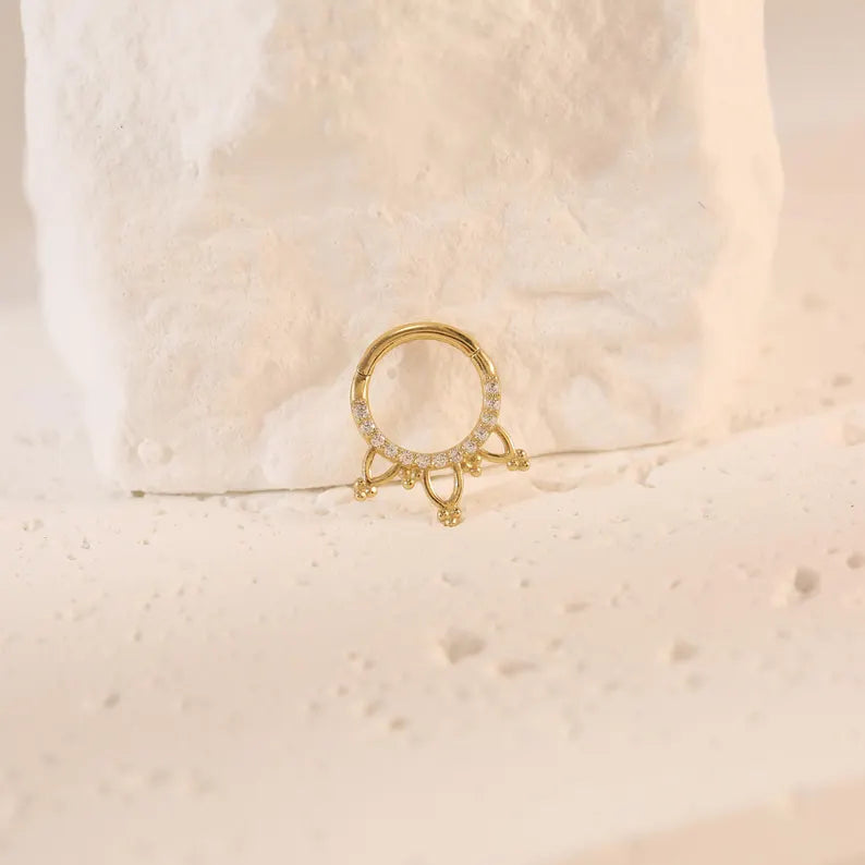 14K Gold Lotus Dangle Septum Hoop 16G