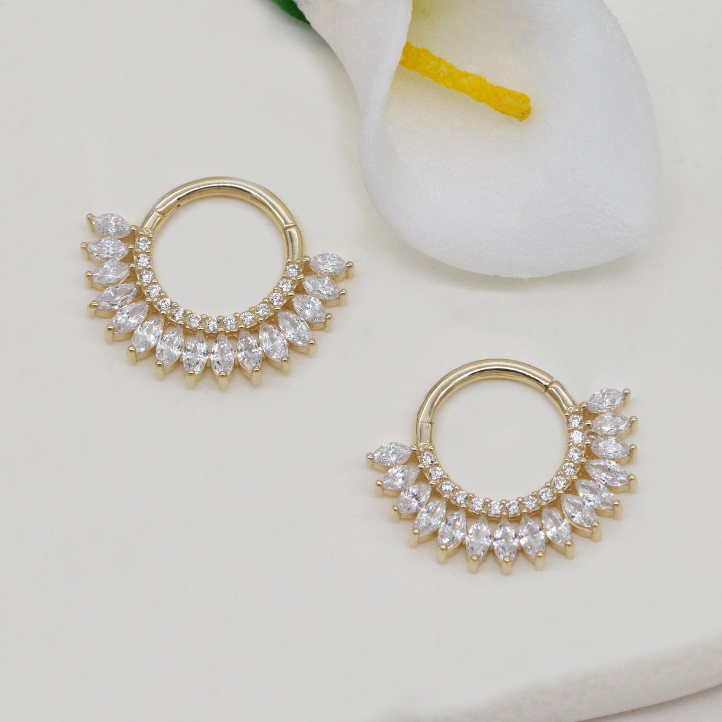 14K Solid Gold Dainty Marquise Septum Hoop Clicker Nose Piercing Ring