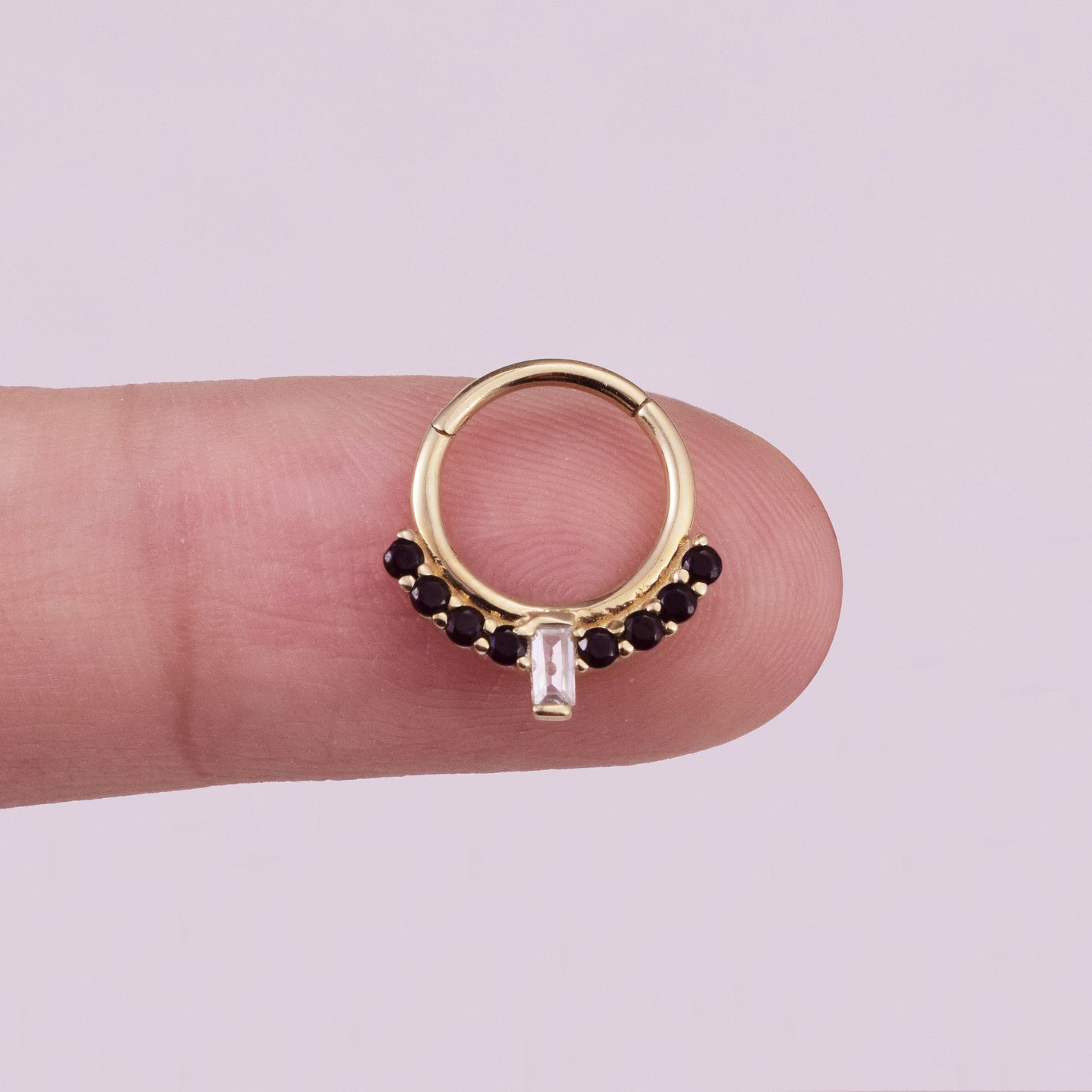 14K Solid gold baguette black stone clicker 16g hoop for septum