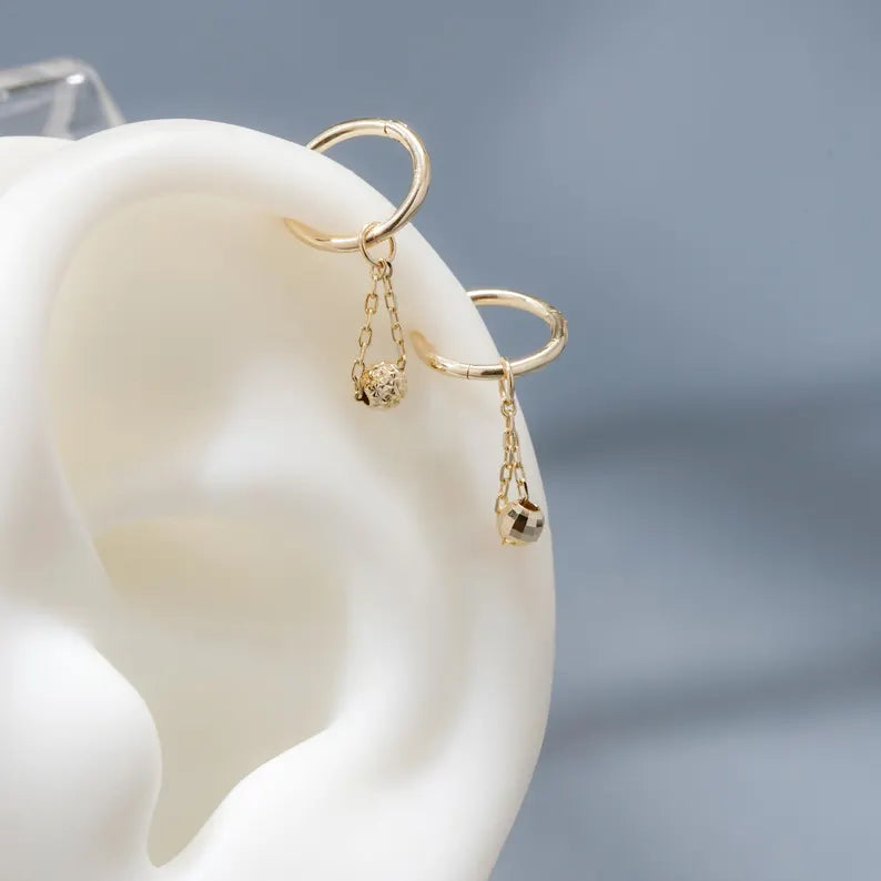 14K Gold Dangle Ball Hoop Earring