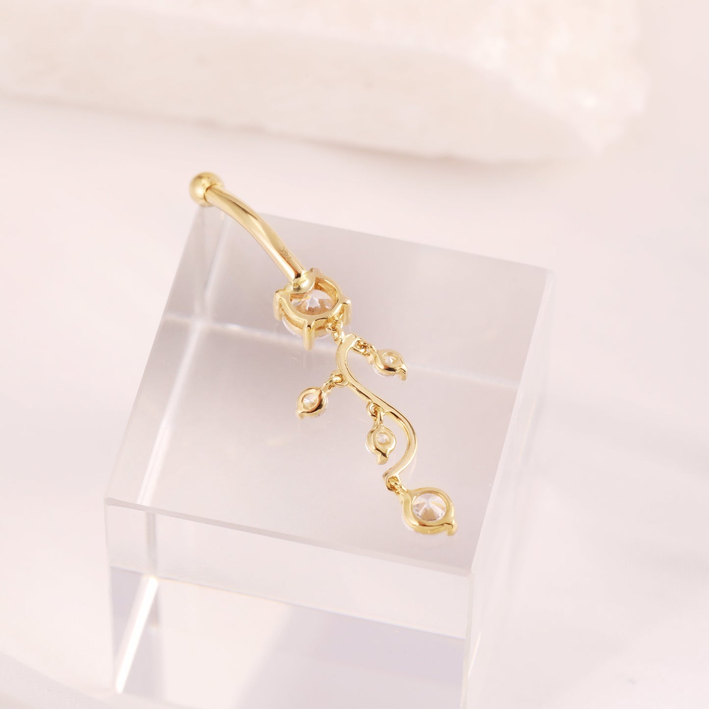 14K Solid Gold Crystal Leaves Belly Ring
