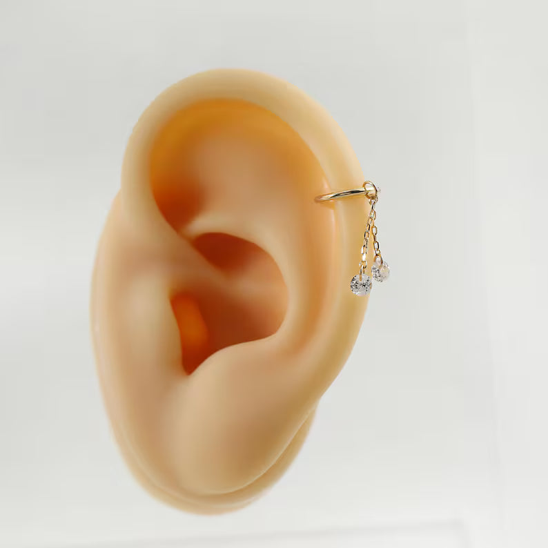 14K Gold Double Chain CZ Cartilage Hoop Charm