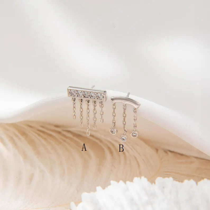 14K White Gold Bar Chain Stud