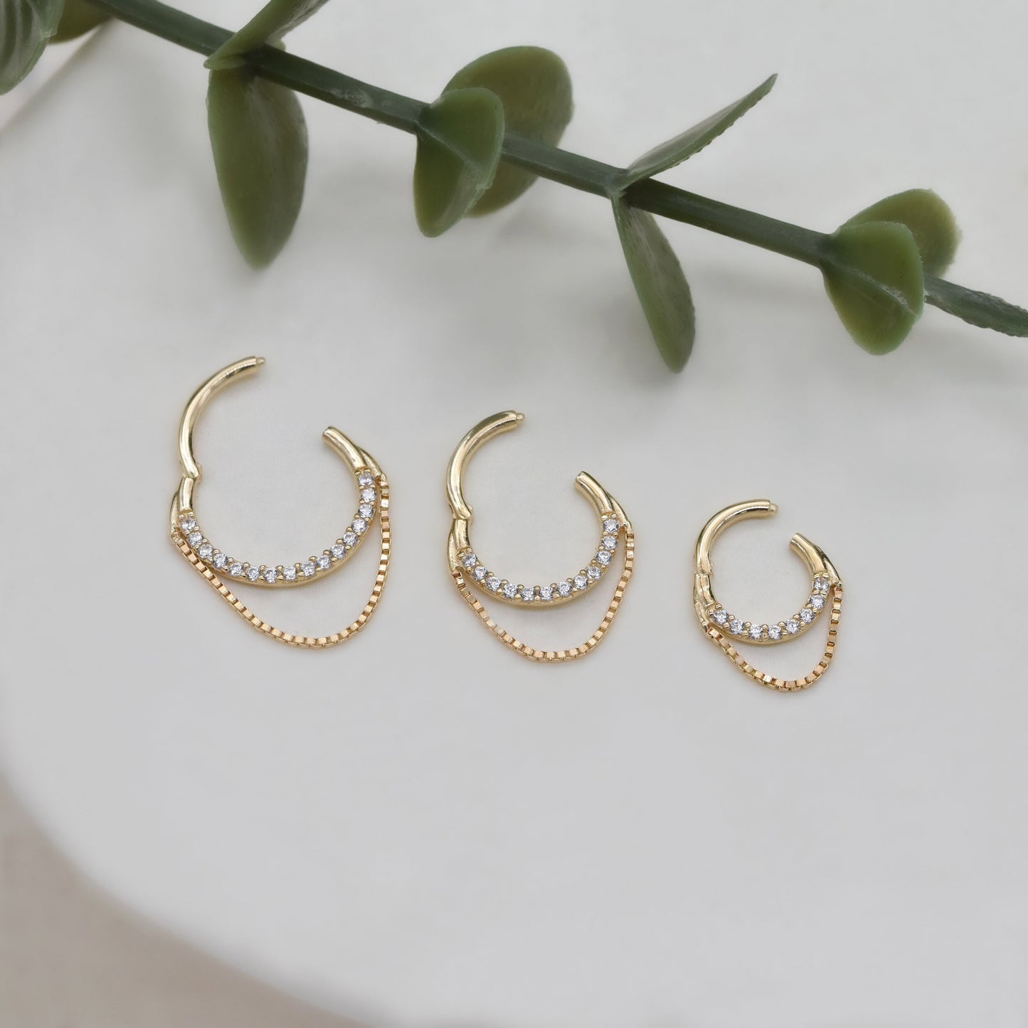 14K Solid Gold Box Chain Hoop Earring with Dangle 16G