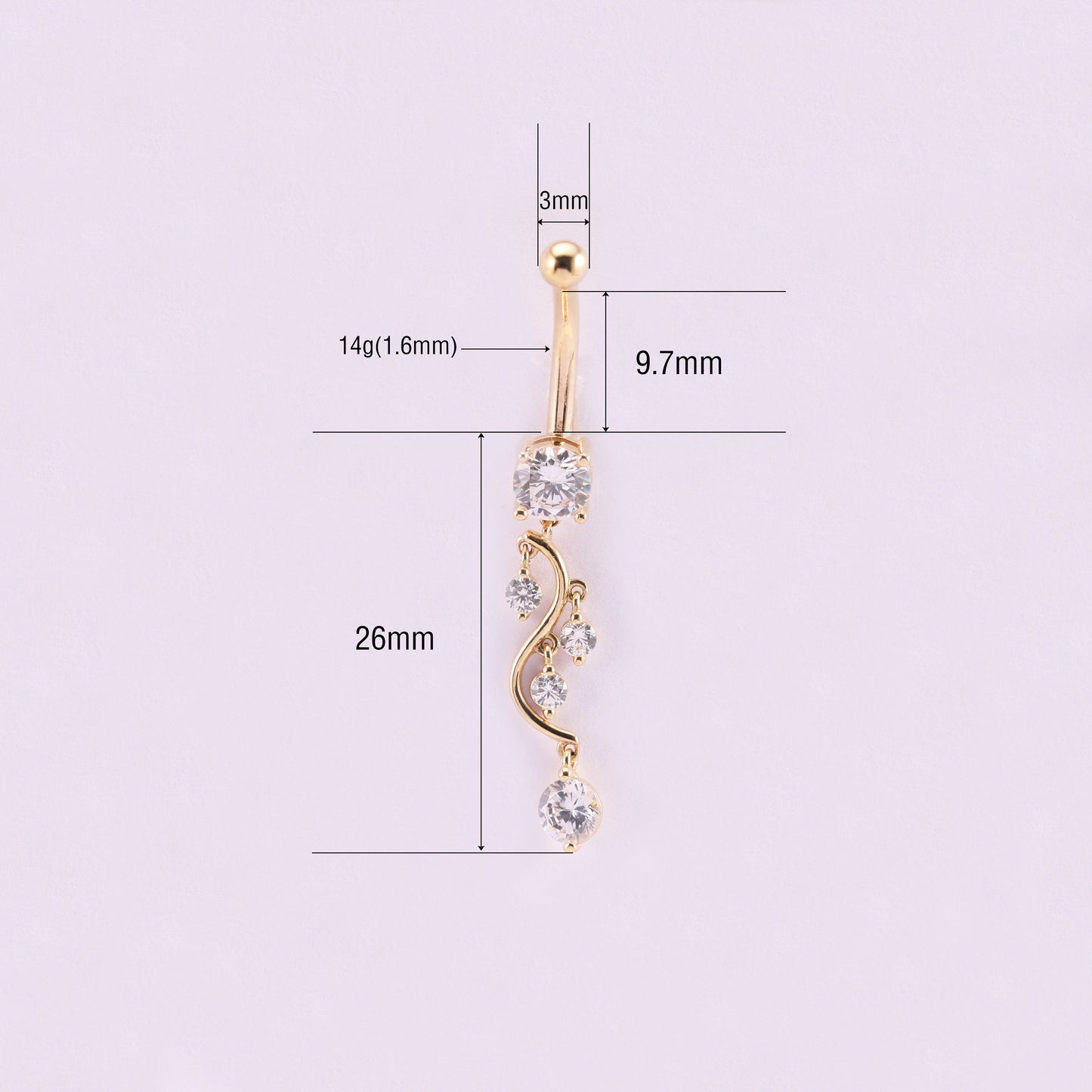 14K Solid Gold Crystal Leaves Belly Ring