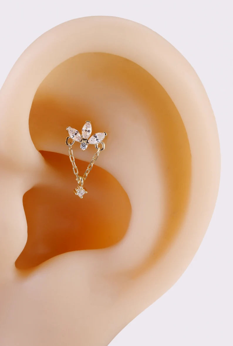 14K Gold Marquise Chain Cartilage Earring 20g