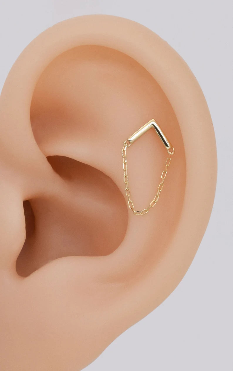14K Solid Gold Arrow Chain Stud Earring
