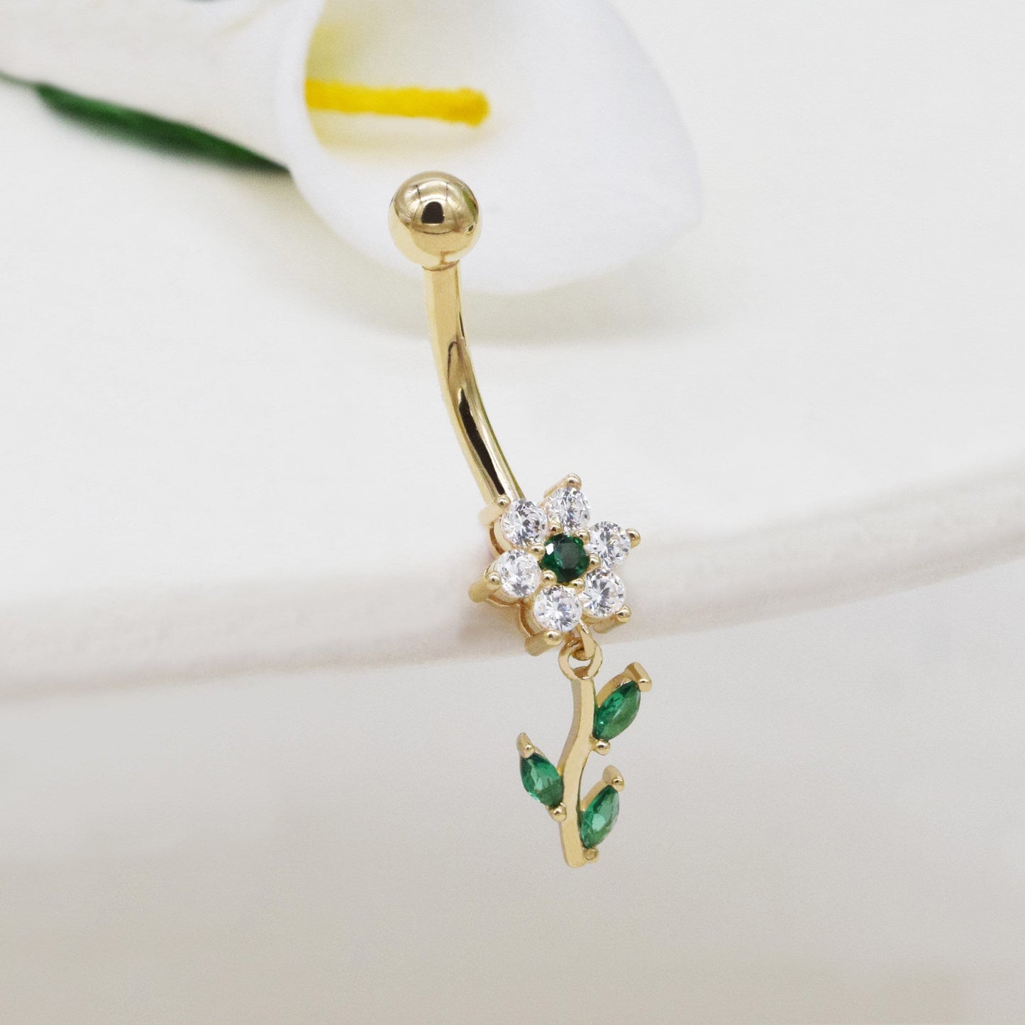 14K Solid Gold Flower Belly Ring Dangly Navel Piercing 14G