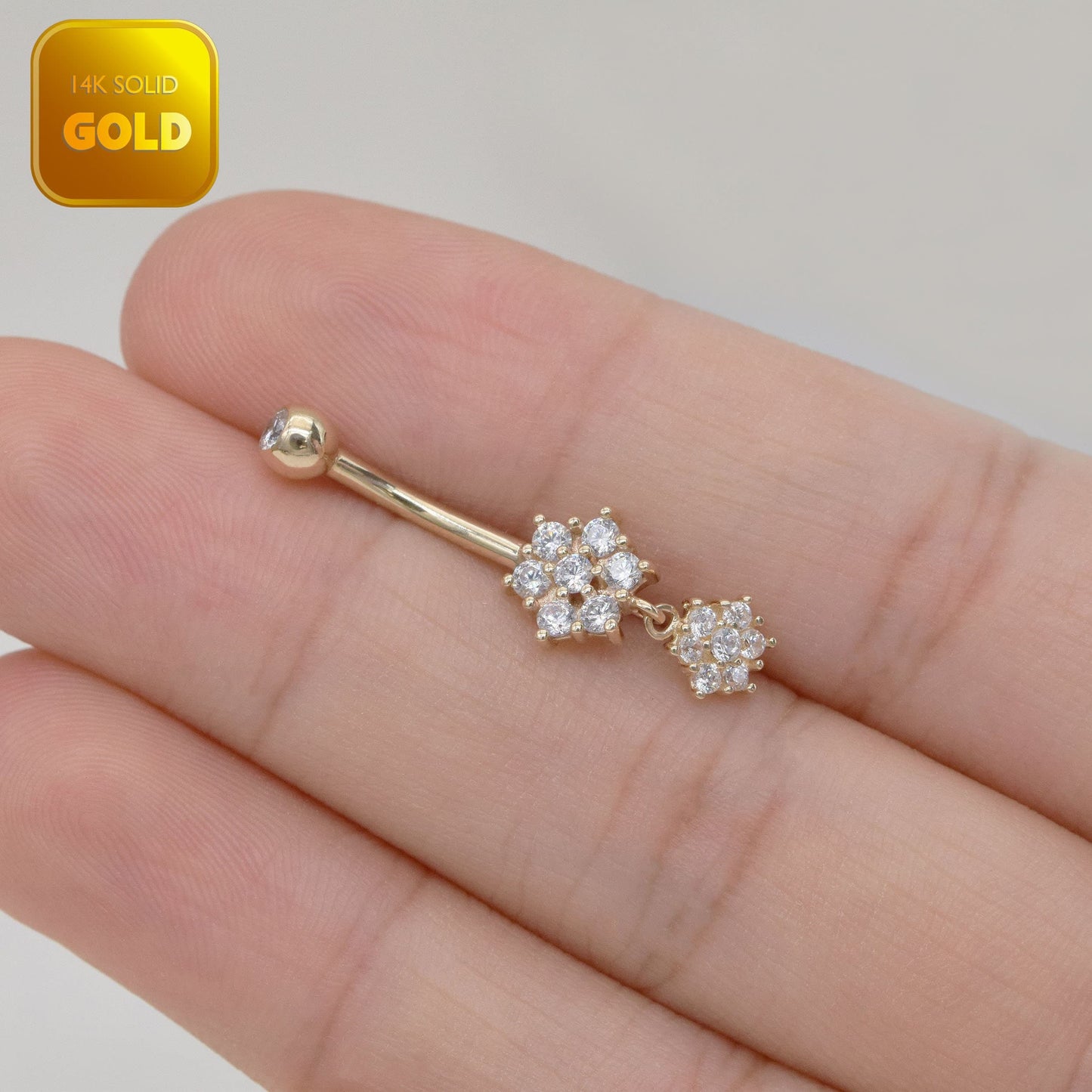 14K Solid Gold Dangle Flower Snowflake Navel Ring 14g