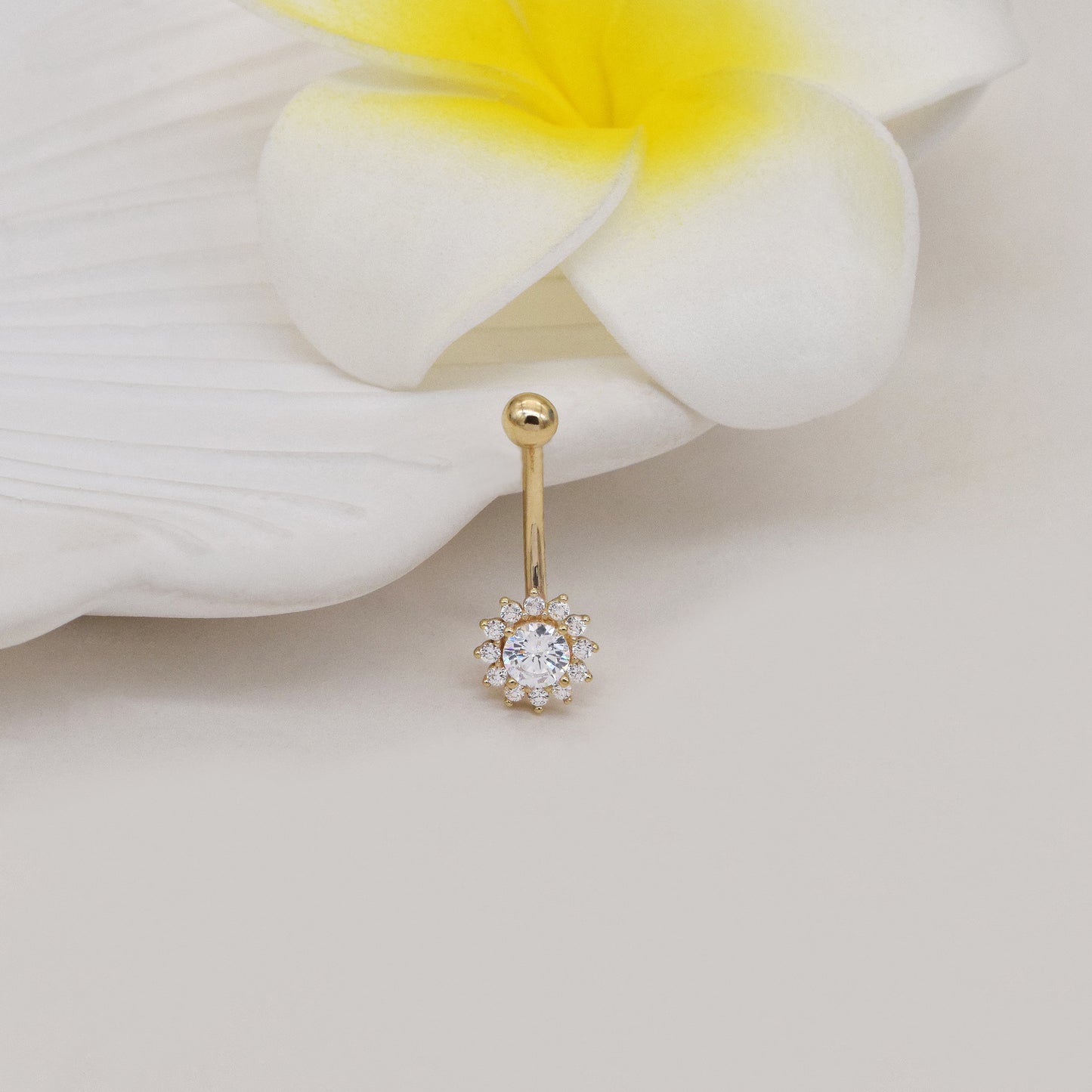 14K Solid Gold Flower Rook Curved Barbell Sunflower Belly Ring 16g