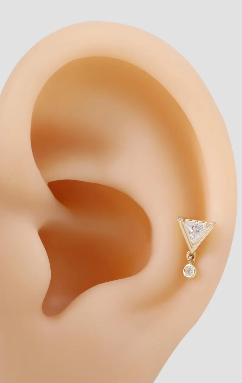 14K Gold Triangle Dangle Stud Earring