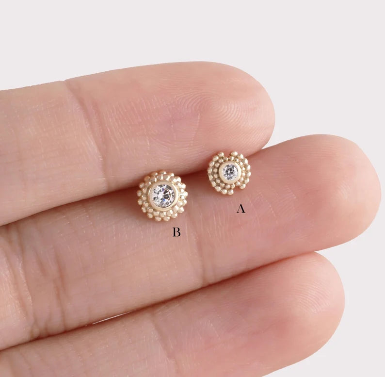 14K Solid Gold Sun Beaded Stud