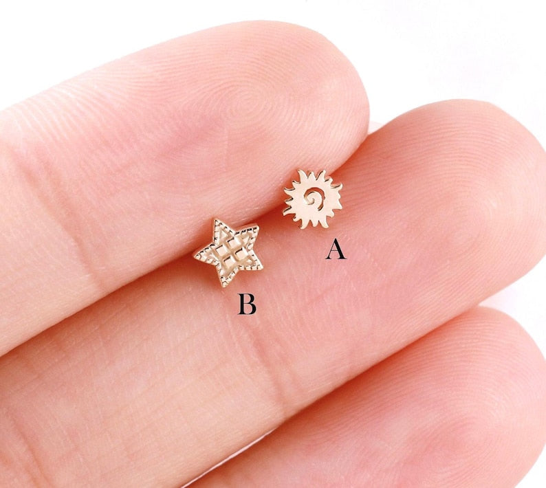 14K Solid Gold Sun & Star Stud Earring for Cartilage