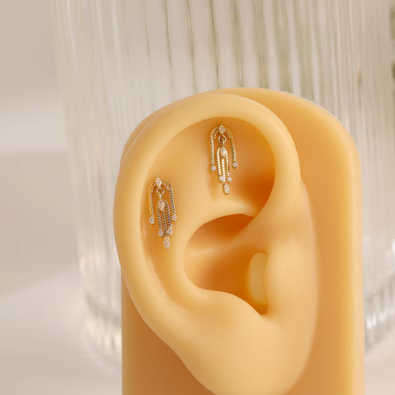 14K Gold Waterfall Chain Cartilage Earring Flat Back