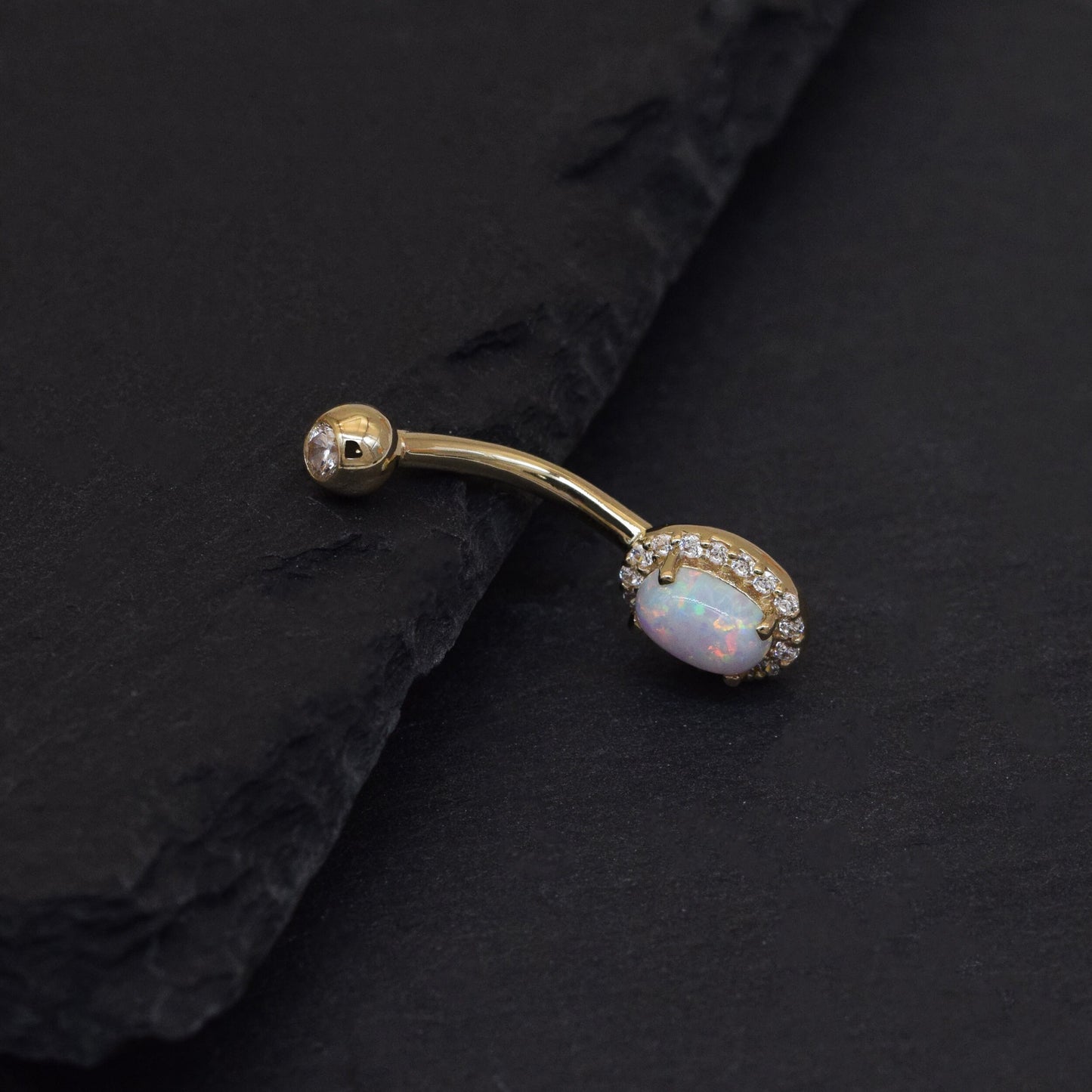 14K Solid Gold Oval Opal Belly Button Ring with Diamond Barbell 14g