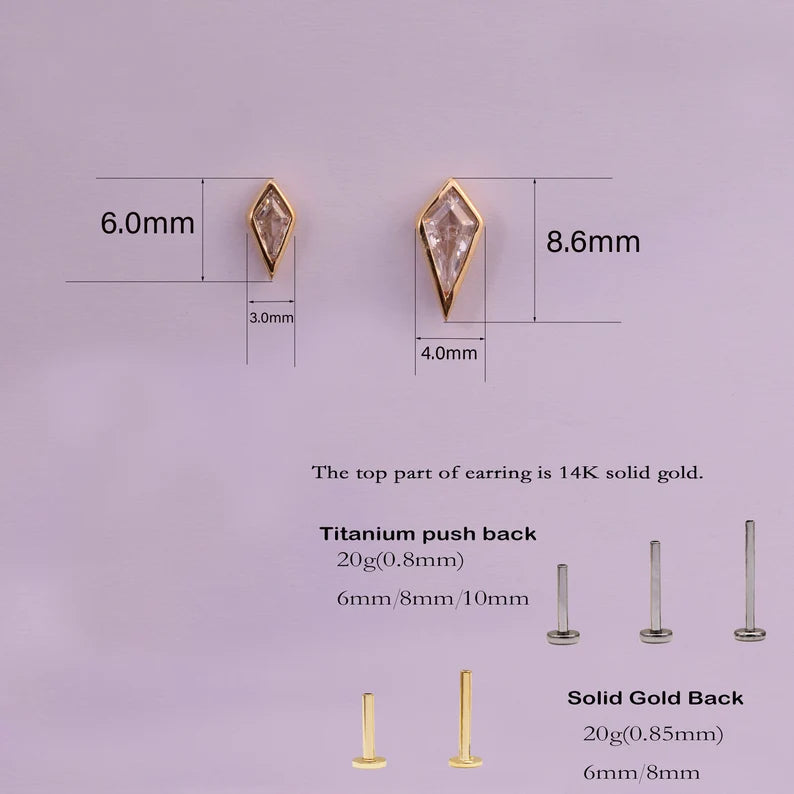 14K Solid Gold Diamond-Cut Kite Stud Earring