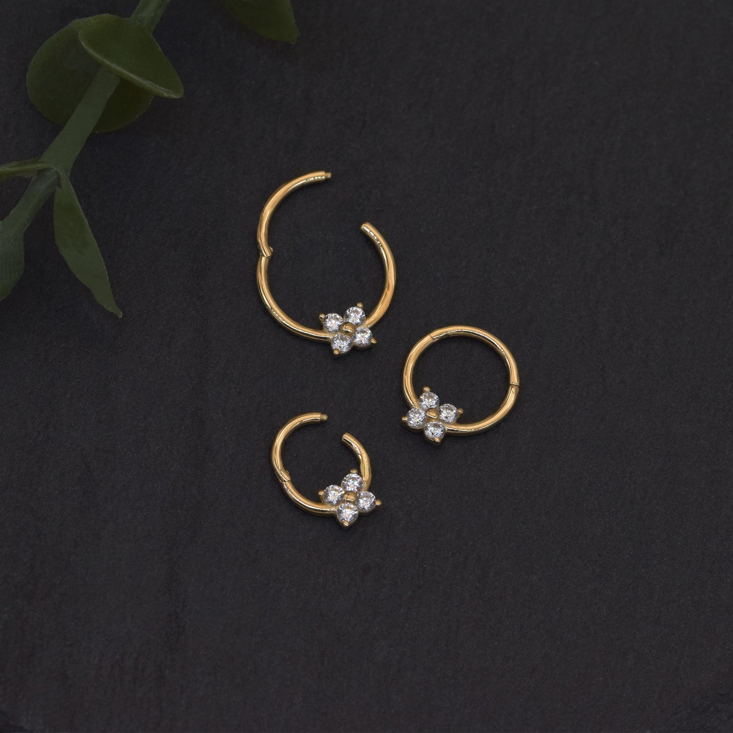 14K Solid Gold Flower Hoop Clicker Diamond Nose Ring Septum 18G