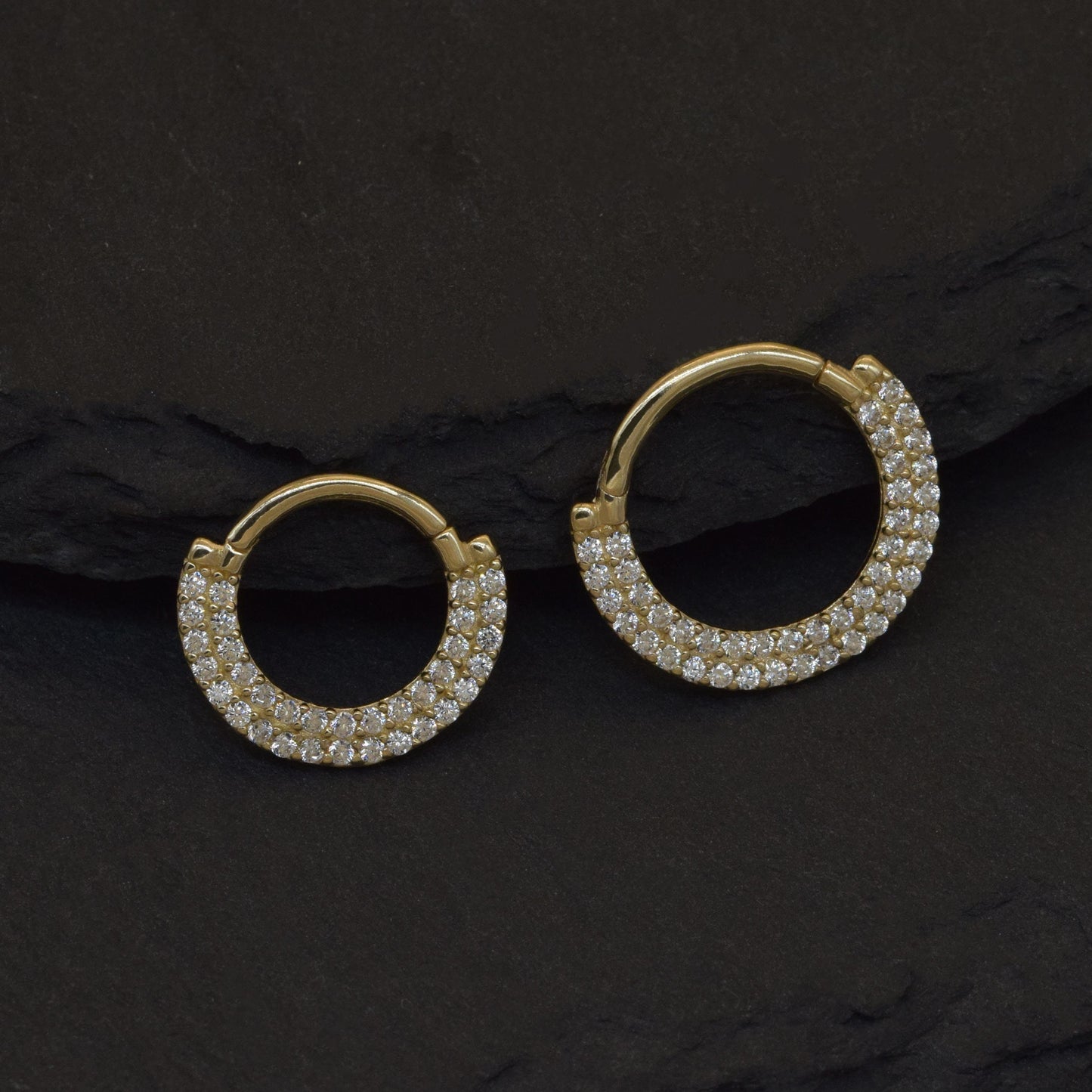 14K Solid Gold Double Row Daith Earring White Cubic Zirconia Septum Ring 18g