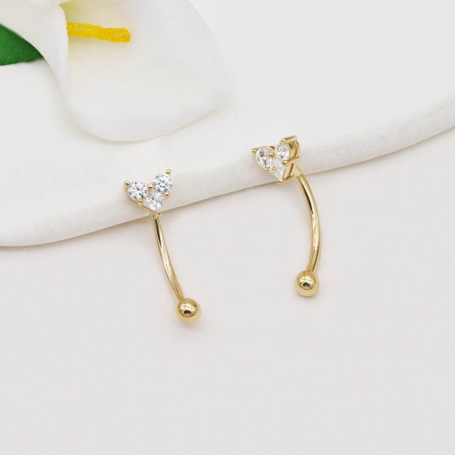 14K Solid Gold Heart Rook Earring Diamond Curved Barbell 16G