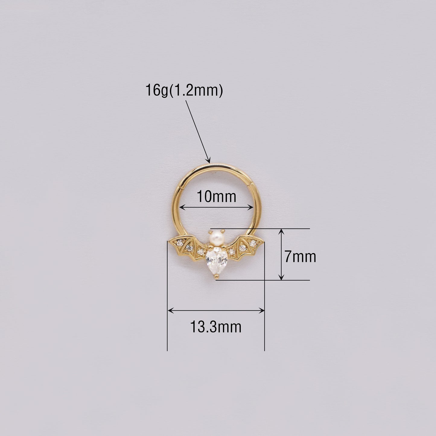 14K Solid Gold Bat Septum Ring 16g Pearl Nose Daith Conch Helix Earrings