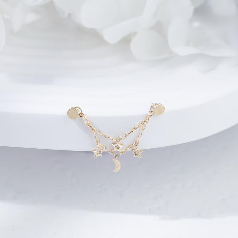 14K Solid Gold Moon Star Chain Charm