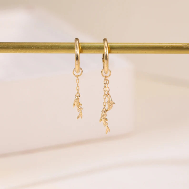 14K Gold Koi Fish Double Chain Earring Charm