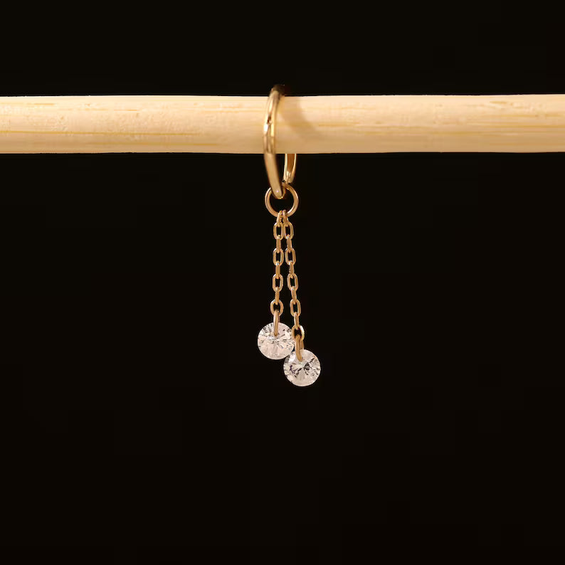 14K Gold Double Chain CZ Cartilage Hoop Charm