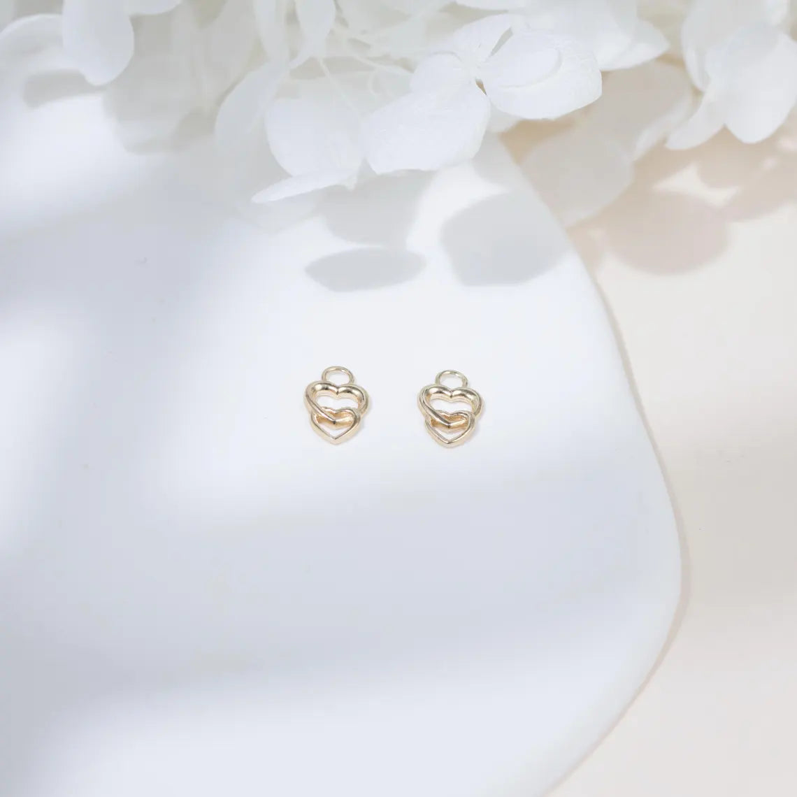 14K Solid Gold Double Heart Dangle Charm
