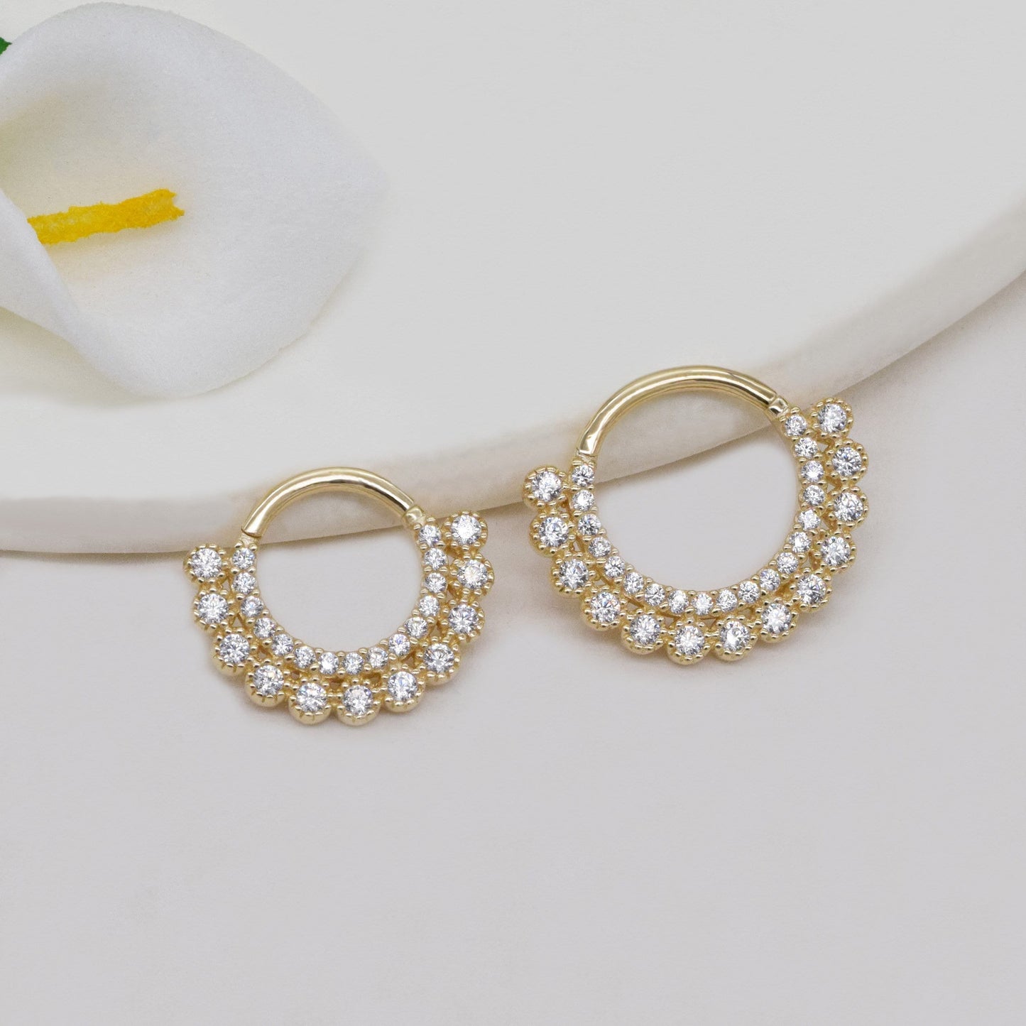 14K Solid Gold Double Row Septum Cubic Zirconia Daith Hoop 16g