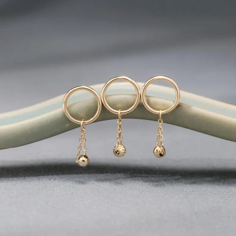 14K Gold Dangle Ball Hoop Earring