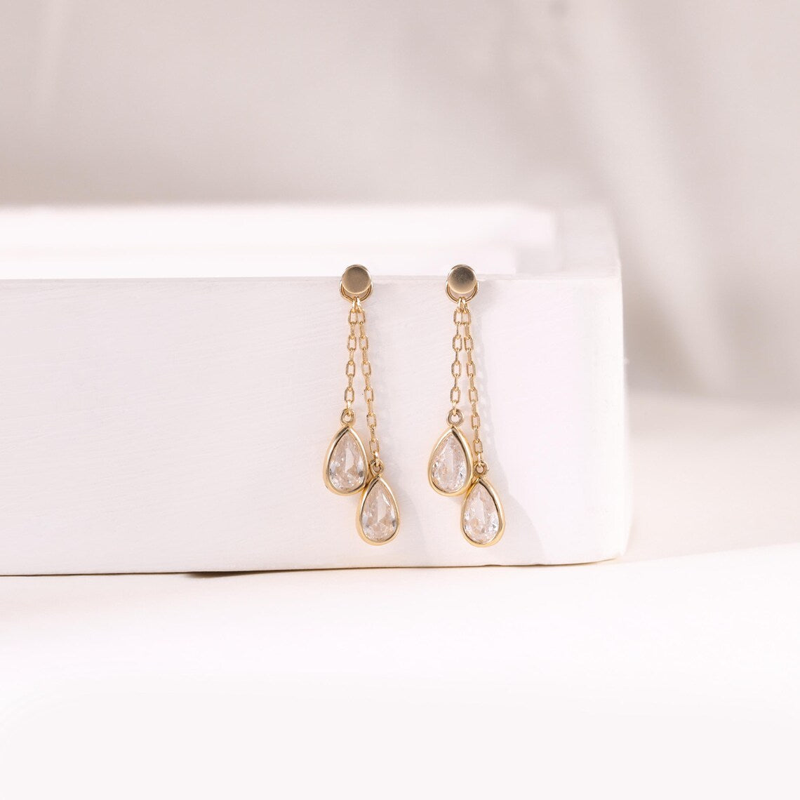 14K Gold Drop Stone Chain Dangle Hoop Charm