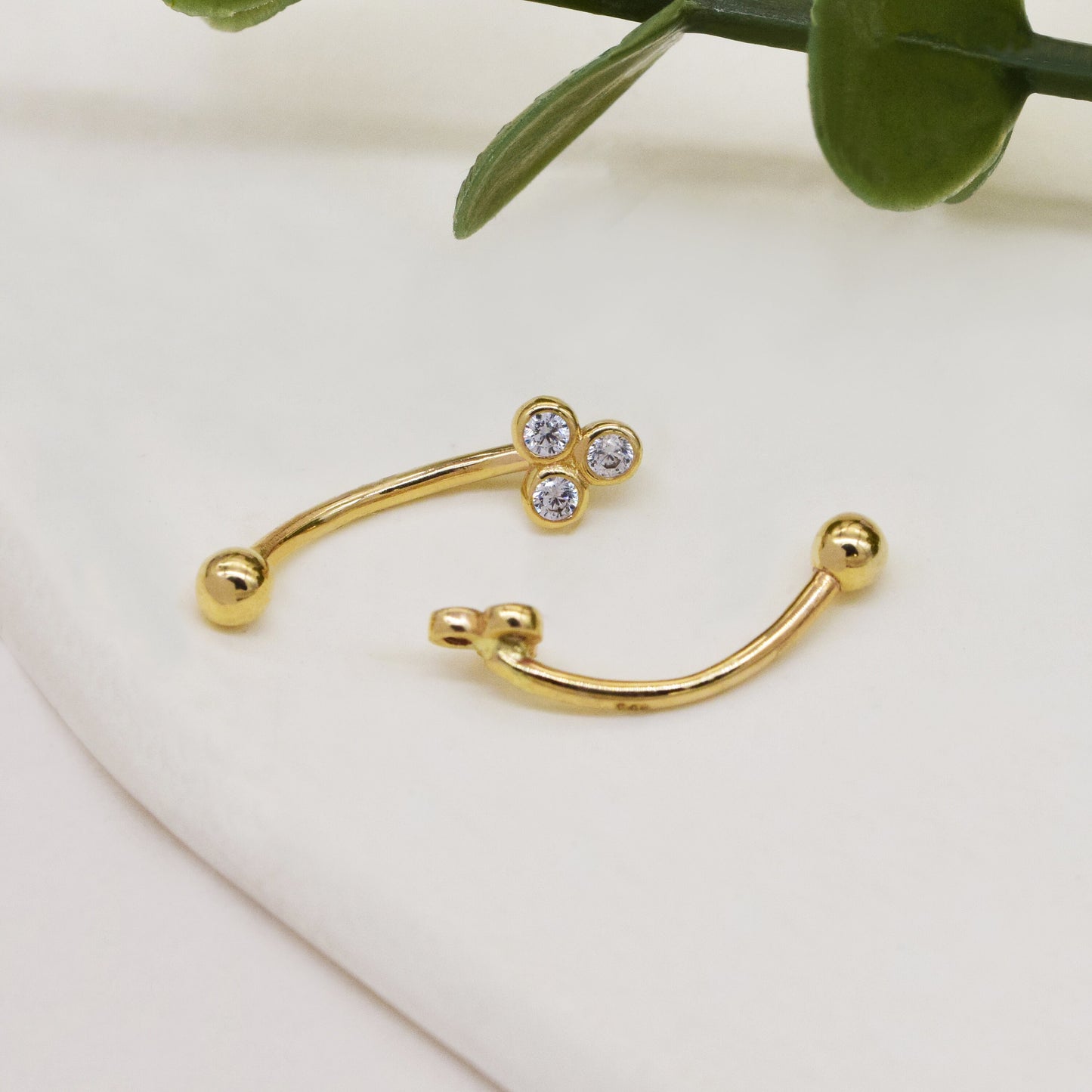 14K Solid Gold Floral Cubic Zirconia Curved Barbell Earring 16G