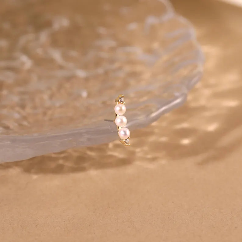 14K Solid Gold Pearl Climber Stud