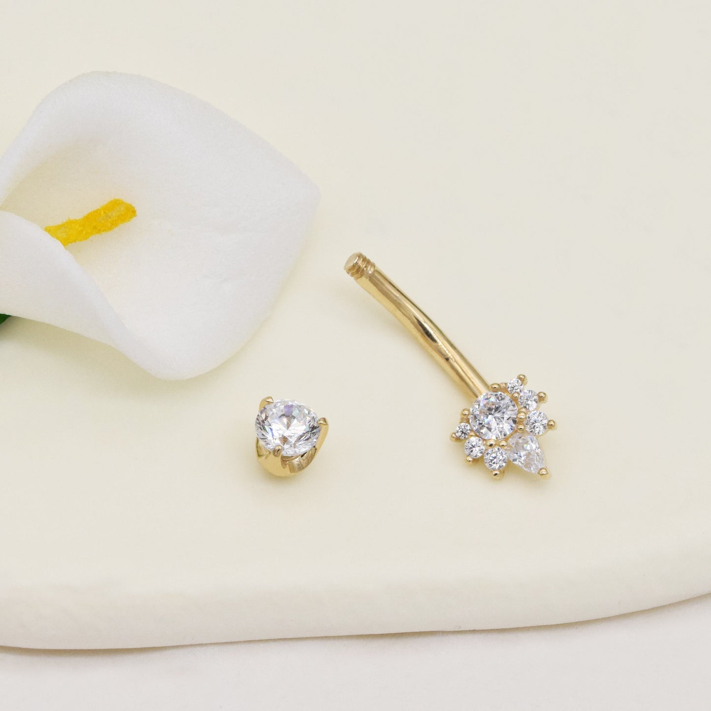 14K Solid Gold Dainty Belly Button Ring Cubic Zirconia Crown Navel Piercing 14g
