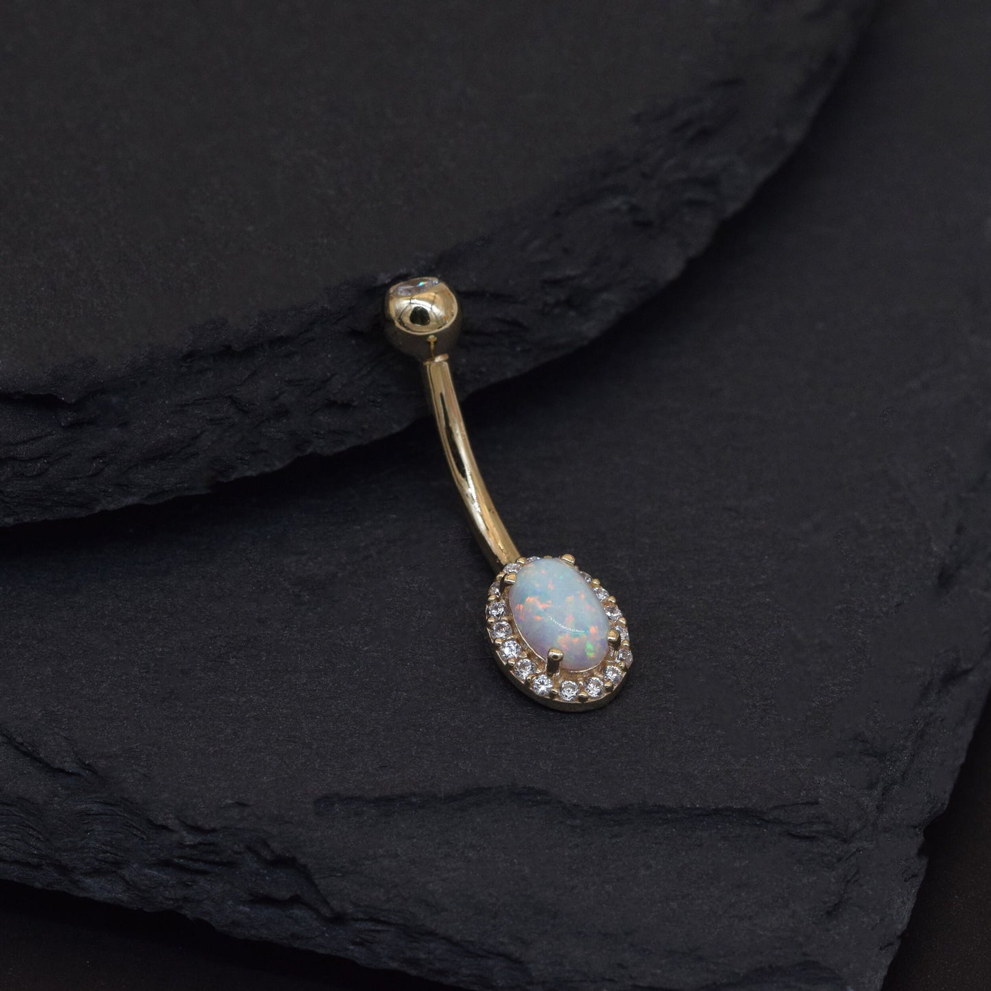 14K Solid Gold Oval Opal Belly Button Ring with Diamond Barbell 14g