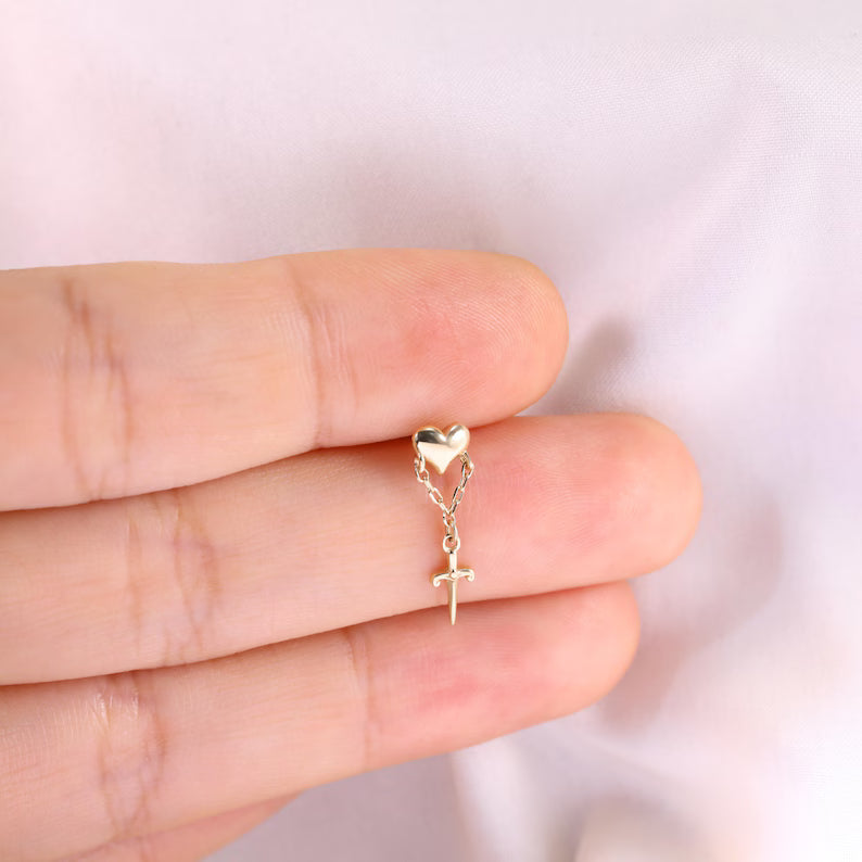 14K Gold Heart Sword Dangle Piercing Studs