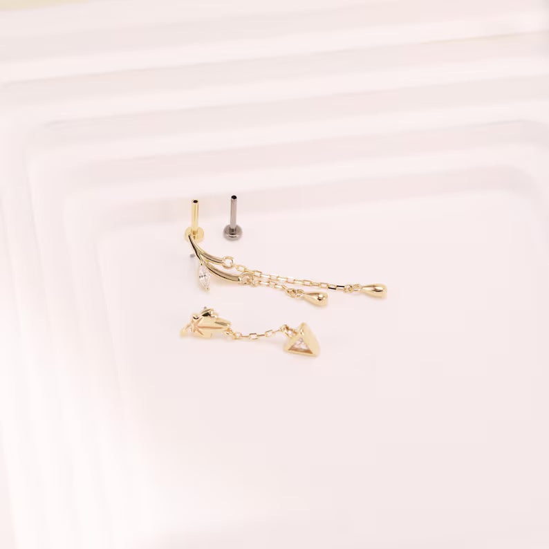 14K Gold Leaf Dangle Cartilage Stud