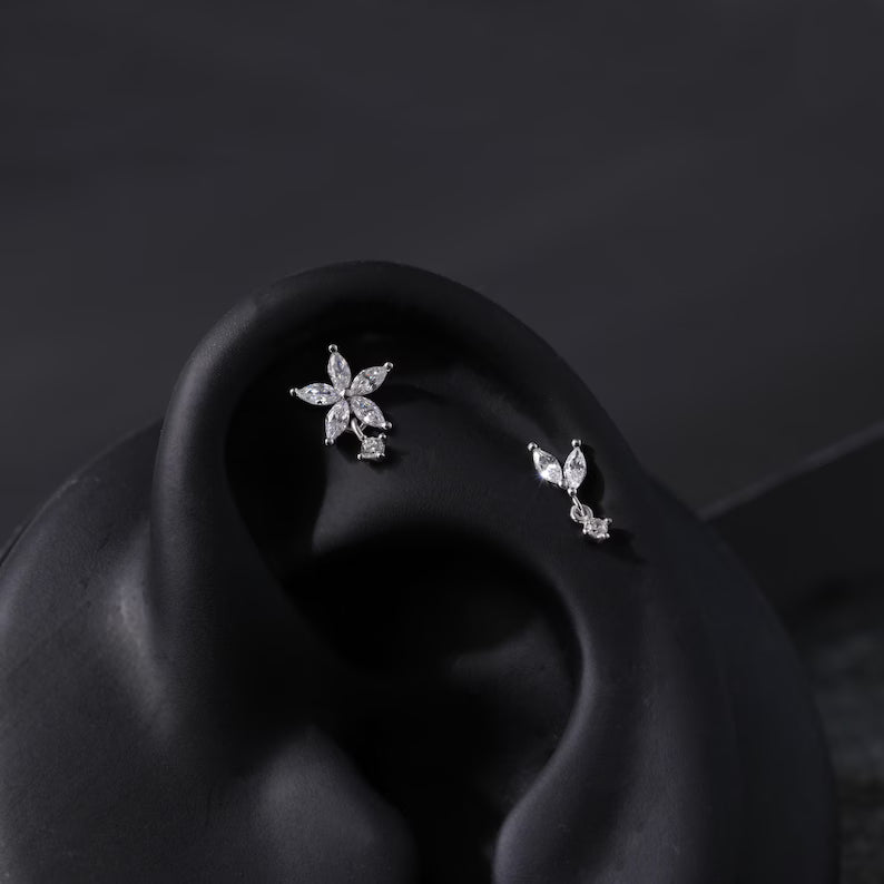 14K White Gold Flower Drop Stud