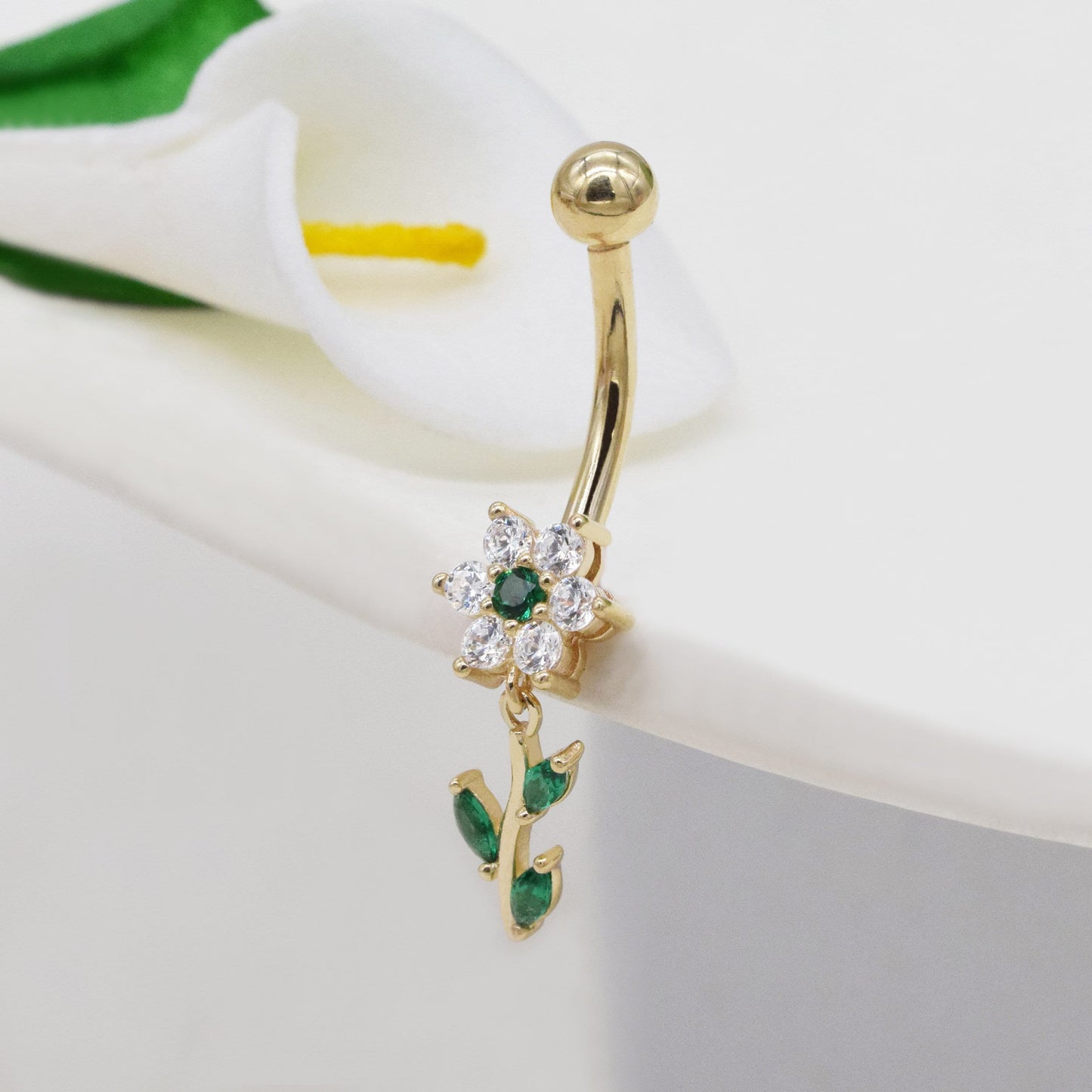 14K Solid Gold Flower Belly Ring Dangly Navel Piercing 14G