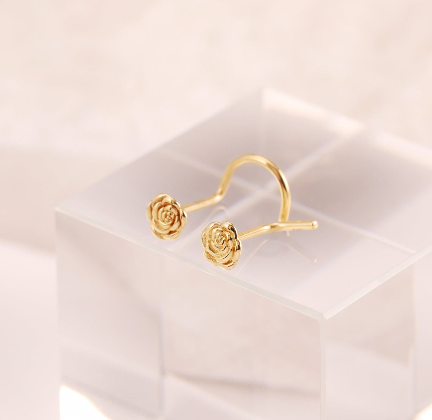 14K Solid Gold Rose Nose Stud Tiny L-Shape Flower Ring Dainty S-shape Piercing 20g