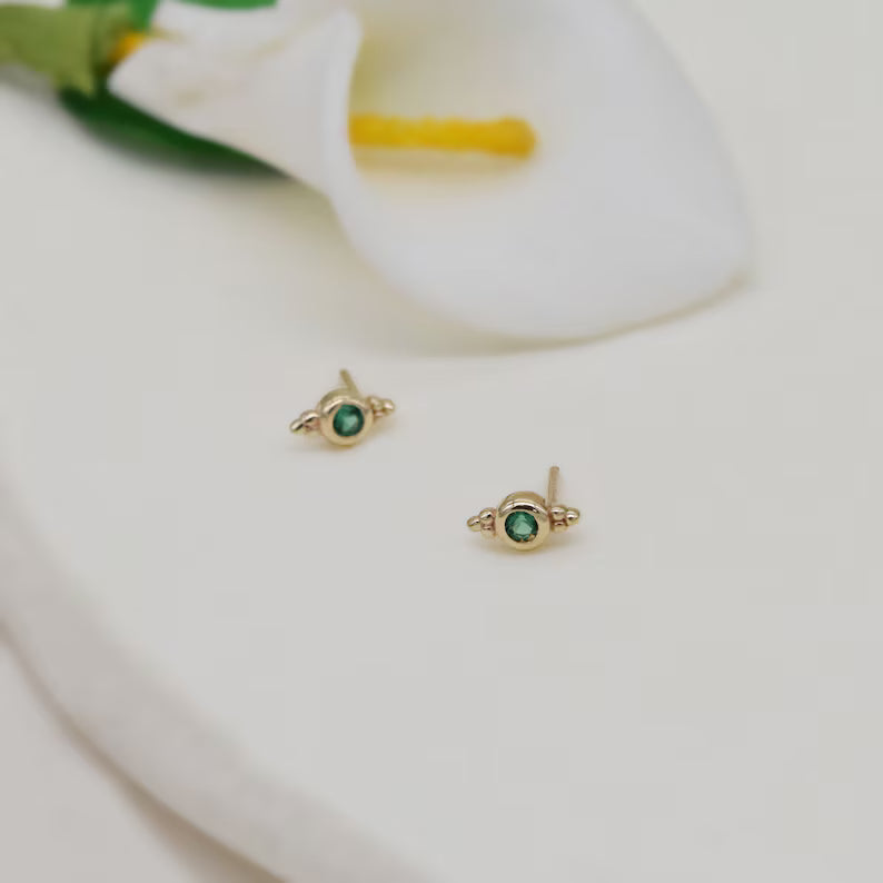 14K Solid Gold Three Bead Helix Stud